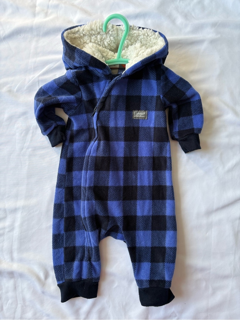 🚙 Baby boy Eddie Bauer Cozy Blue Buffalo Plaid Fleece One-Piece with Sherpa Hood